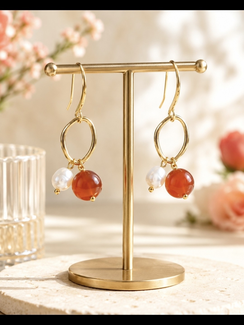 HandcraftedGold Hoop Drop Earrings with Carnelian and Pearl Accent. new